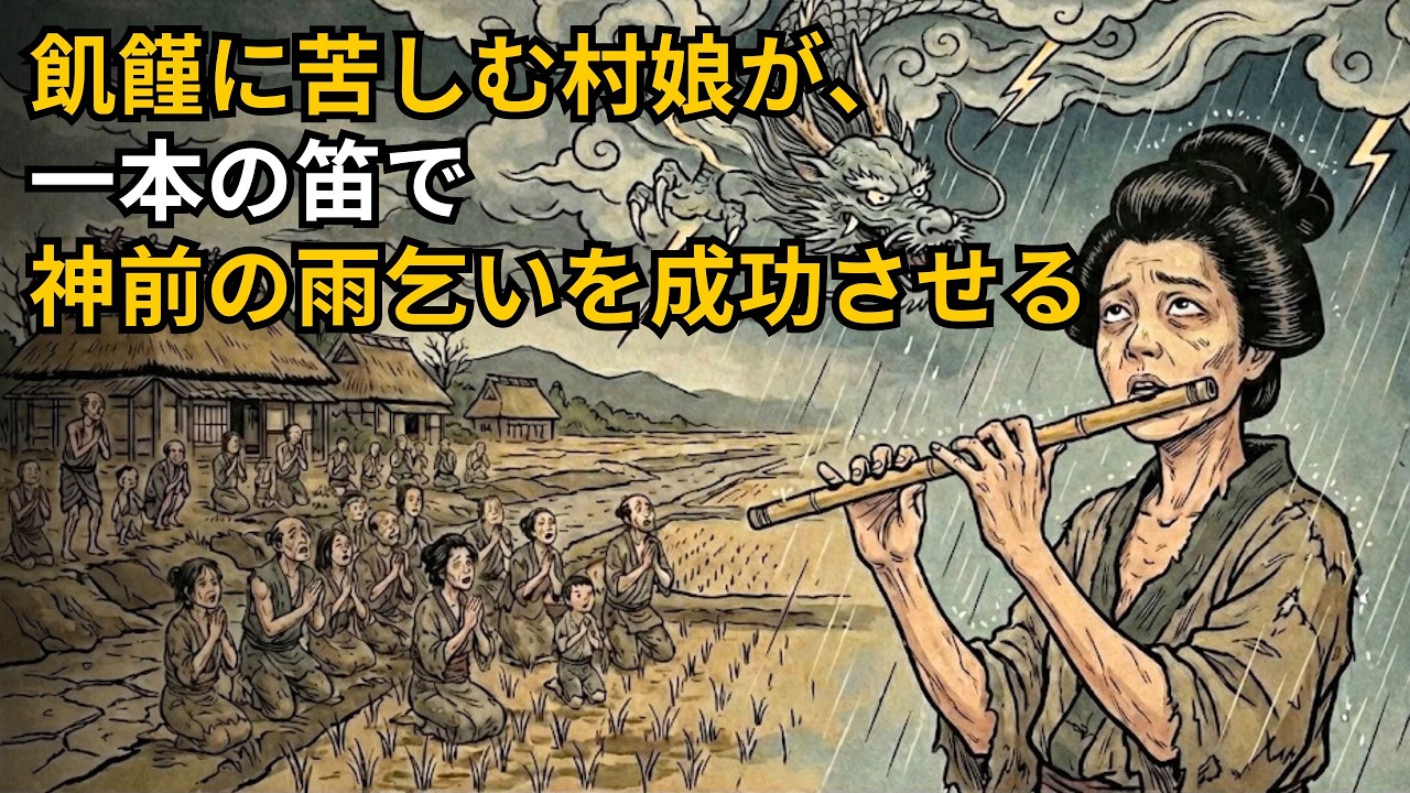 飢饉に苦しむ村娘が、一本の笛で神前の雨乞いを成功させる | 野談 | 伝説 | 昔話 | 説話 | 民話