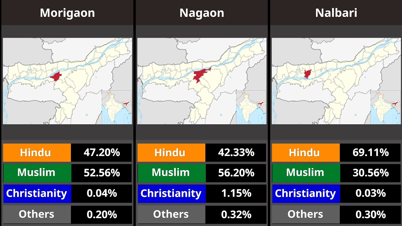 ➡️ Религиозная демография Ассама: распределение индуистов и мусульман по районам.