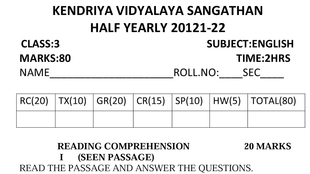 KVS Class 3 English Half Yearly Exam Sample Question Paper For Kendriya Vidyalaya Students