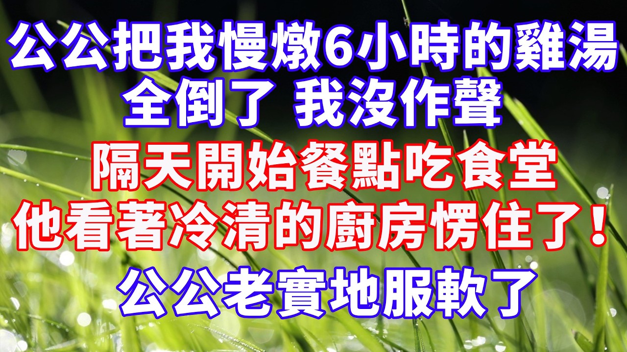 公公把我慢燉6小時的雞湯全倒了，我沒作聲，隔天開始餐點吃食堂，他看著冷清的廚房愣住了！公公老實地服軟了  #情感故事 #爽文 #故事分享 #幸福人生