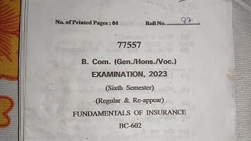 Fundamentals of Insurance Question Paper 2023 for B.com 6th sem paper of Fundamental of insurance