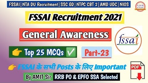 General Awareness | FSSAI Recruitment 2021 | Quiz-23 | FSSAI Assistant Previous Year Questions