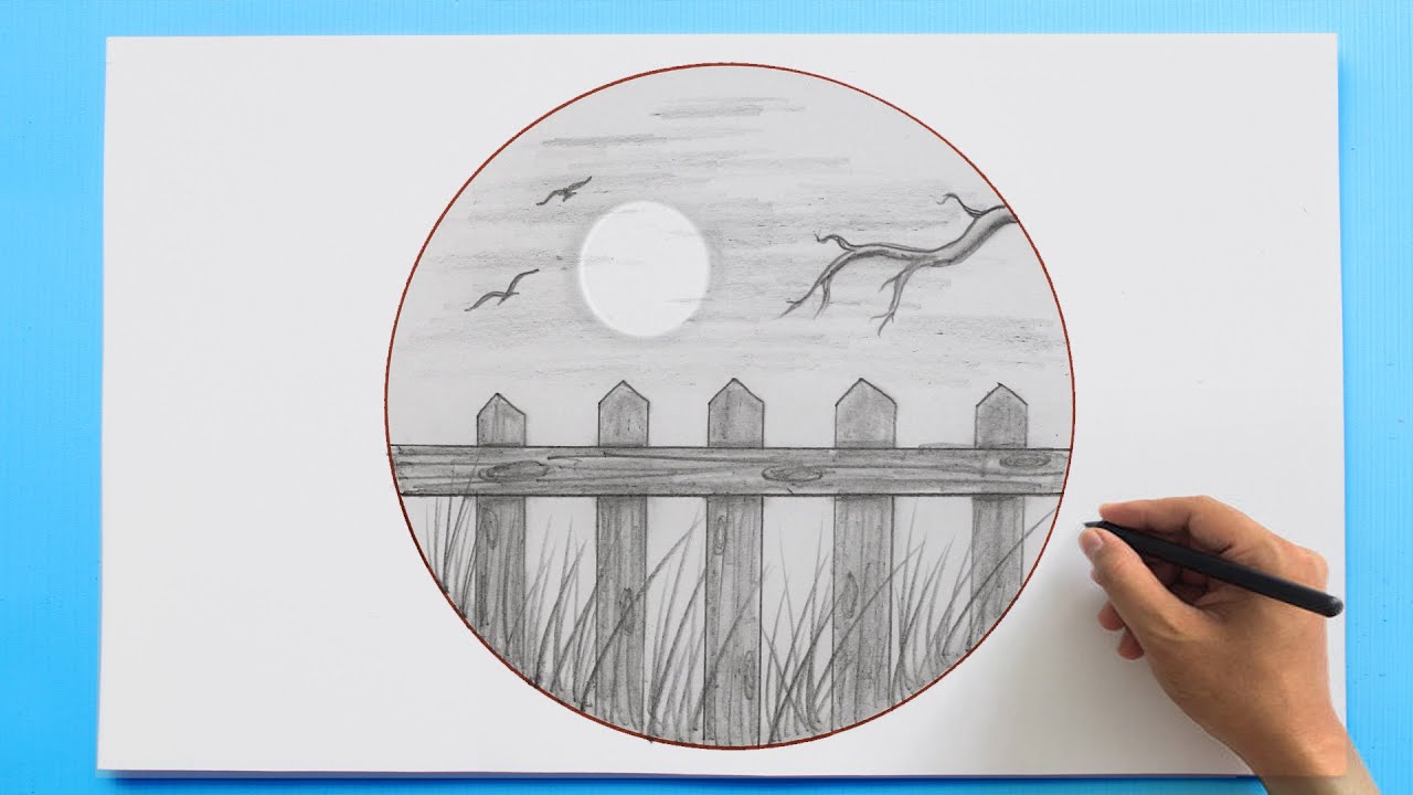 Landscape Drawing in a circle | Pencil Sketch drawing tutorial ...