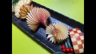 リンゴで正月飾り切り　扇、松　便利なフルーツカット  How to cut an apple  Japanese