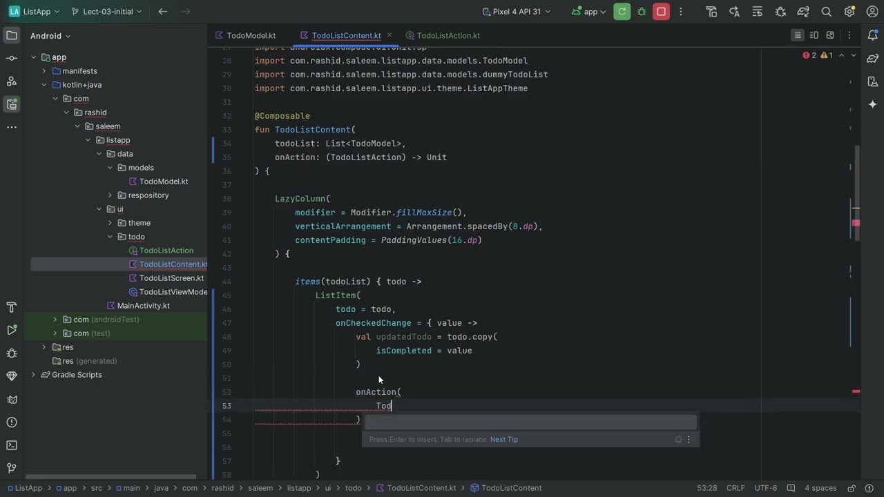 03 - Adding checkbox in Todo Item | Mastering LazyColumn in Jetpack Compose | Android Rashid Saleem