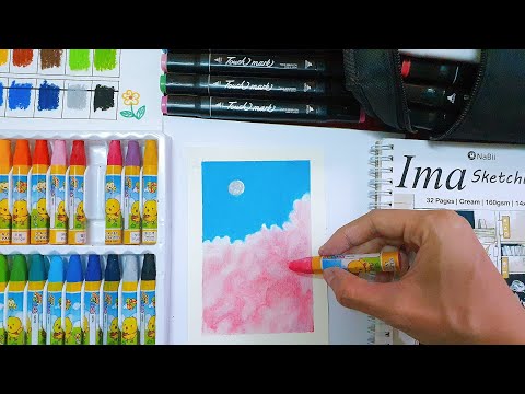 How I draw Clouds | Review Cheap Oil Pastels | Vẽ tranh sáp dầu đơn giản cùng Châu