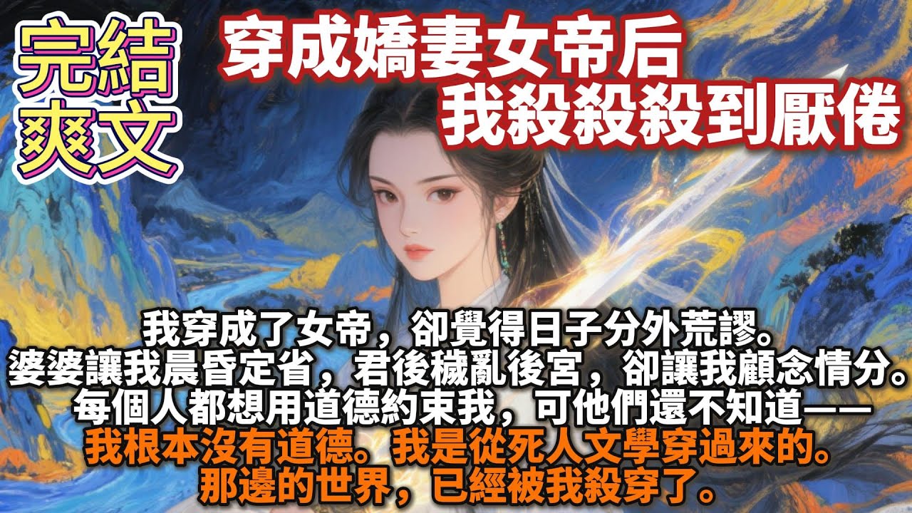 完結爽文：穿成嬌妻女帝后，我殺殺殺到厭倦。我穿成了女帝，卻覺得日子分外荒謬。婆婆讓我晨昏定省，君後穢亂後宮，每個人都想用道德約束我，可我根本沒有道德。我是從死人文學穿過來的。那邊的世界已經被我殺穿了