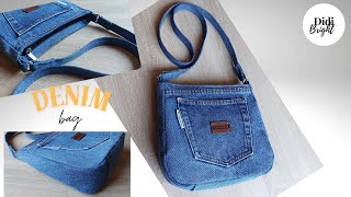 DIY Bag from Old Jeans Sewing Tutorial.  How to make a bag. Crossbody bag with zipper.