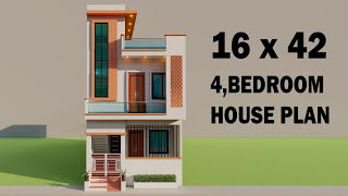 4 Bedroom house plan,3D 16 by 42 makan ka naksha,duplex house elevation,ghar ka naksha