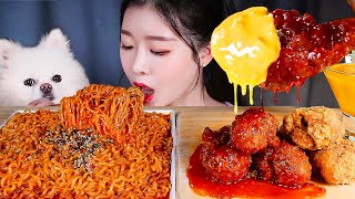 ASMR * BEST SPICY COMBO 🔥 SPICY FIRE CHICKEN NOODLES ❤️‍🔥 SPICY FRIED CHICKEN \& CHEESE SAUCE MUKBANG
