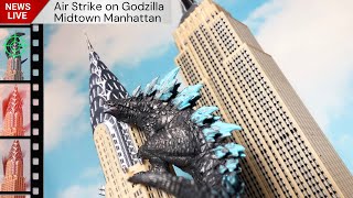 Air strike on Godzilla, falls from Chrysler Building