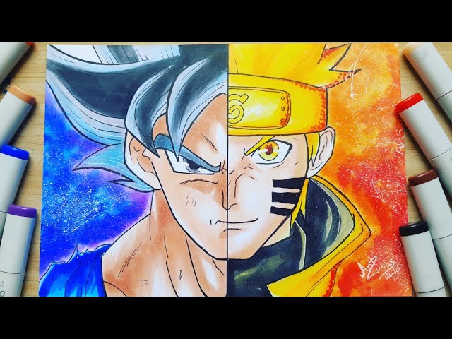 Me desafiaram a desenhar o goku e o naruto com um único traço sem tira