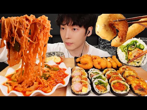 ASMR MUKBANG | 직접 만든 라면 떡볶이 라볶이 치즈 스틱 새우 튀김 김밥 분식 먹방 & 레시피 Rice roll AND Tteokbokki EATING