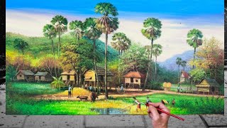 Let's learn to draw landscapes in Cambodia!/Oil painting (Cambodia field in countryside)