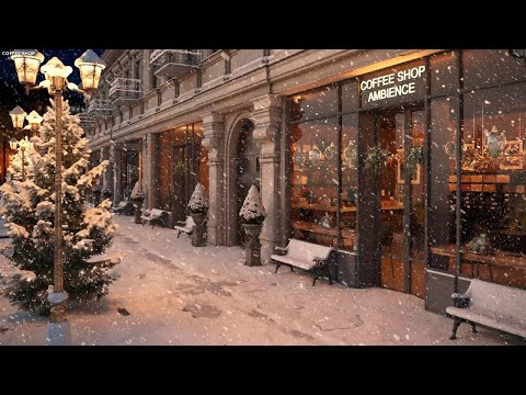 Nightly Snow on Street at Coffee Shop Ambience with Relaxing Smooth Jazz Music and Snowflakes