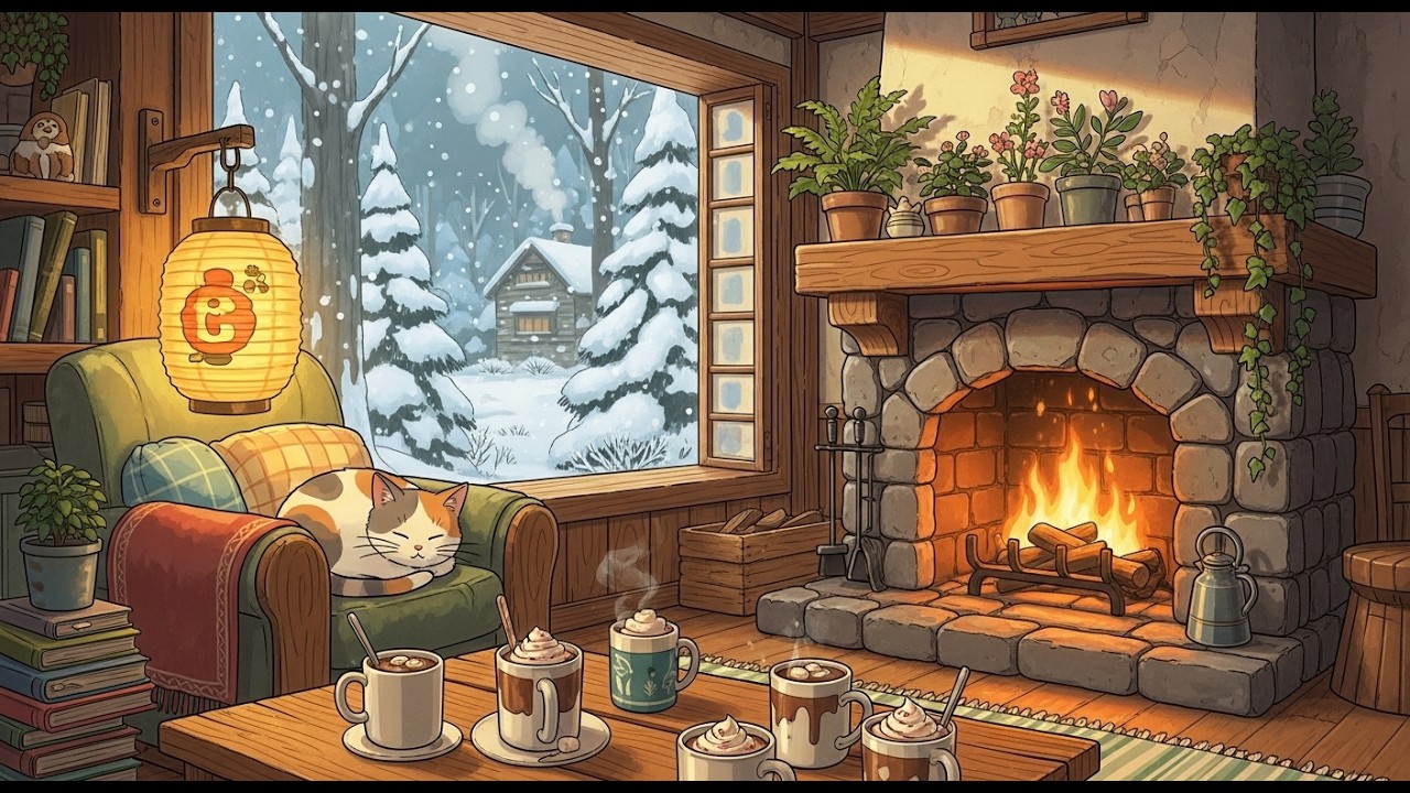 Rainy Night Fireplace with Sleepy Cat 🌧️🔥 Cozy Lofi Music for Reading & Relaxation
