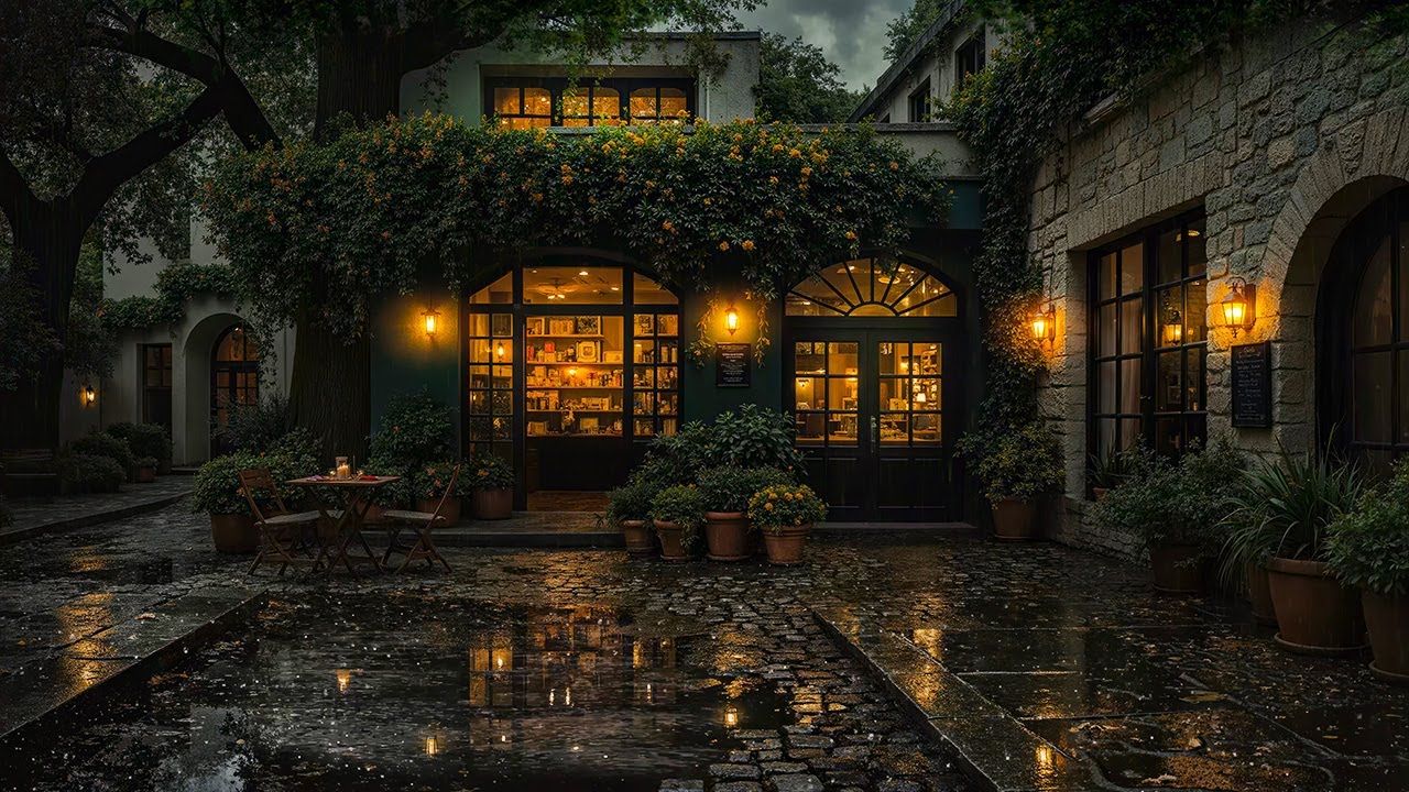 Smooth Jazz for Relax & Calm ☕ Rainy Courtyard Cafe with Warm Night Lights
