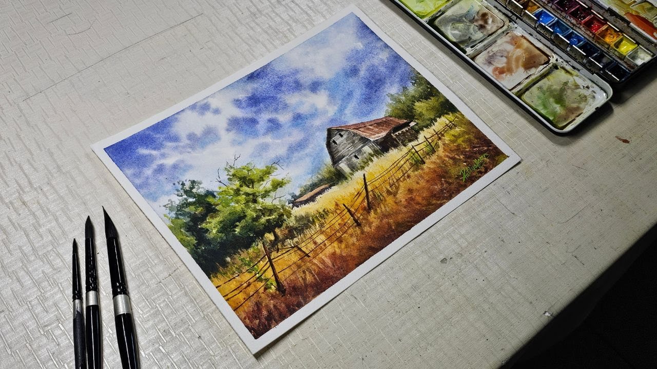 How to paint a barn in watercolor landscape | Watercolor Painting ...