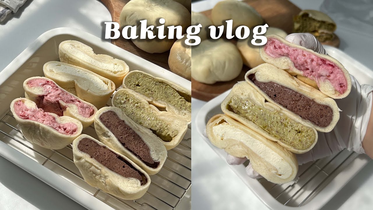 👩🏻‍🍳필링듬뿍! 4가지 쫀득모찌빵 만드는 브이로그(요즘 유행이래요!)_baking vlog, dessert vlog