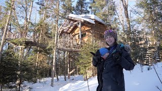 TREEHOUSE-STYLE WINTER CABINS ON STILTS IN THE FOREST WITH A BABY! (4K)