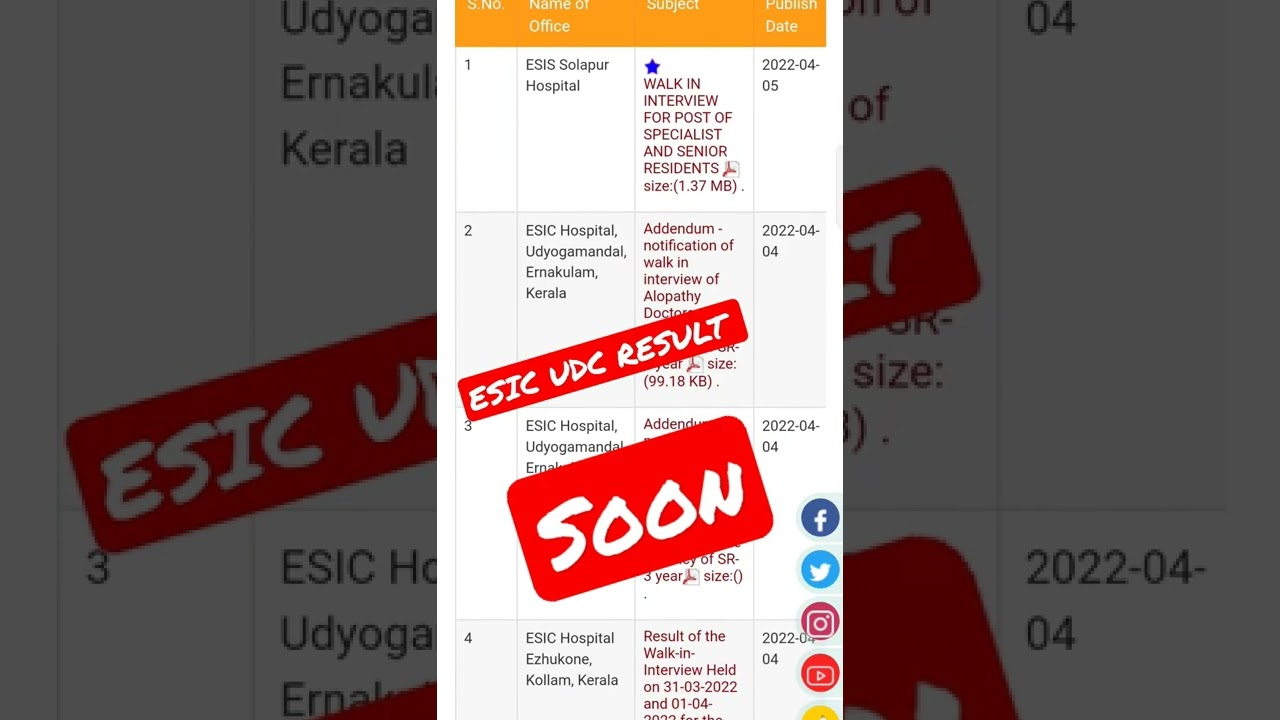 ESIC UDC PRELIMS RESULT 