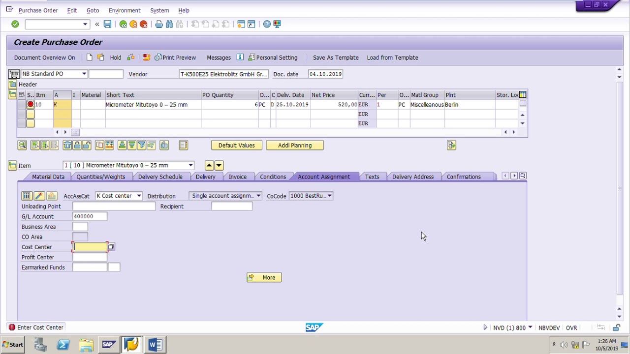 table for material account assignment