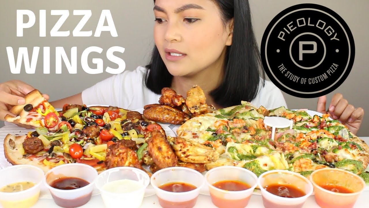 SPICY ALFREDO PIZZA and WINGS with ALL THE SAUCES MUKBANG Eating Show