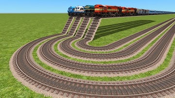 4 Trains Crossing By Bumpy Risky Curved Railroad Tracks | beamng drive game