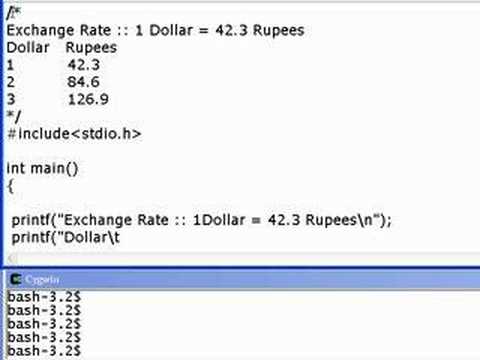 Its a very simple program that prints exchange rates for dollar and rupee, for different denominations, its just a table a simple table. The first column lists the denomination of the dollar and the 2nd column list the corresponding denomination of the rupee.