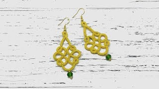 Needle tatting. Yellow earrings with a crystal bead / Фриволите иглой. Желтые серьги с бусиной Needle tatting. Yellow earrings with a crystal bead / Фриволите иглой. Желтые серьги с бусиной
