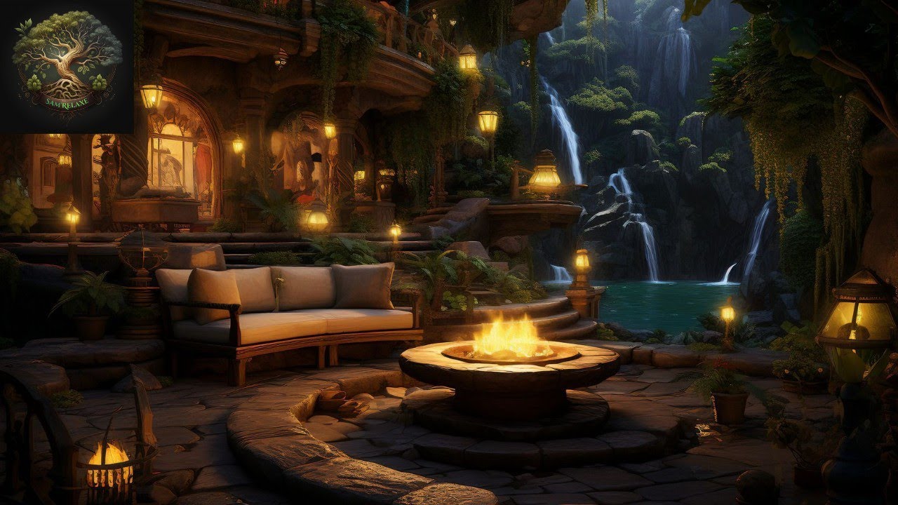 🌿 Атмосфера мистического уединения в джунглях • Тропическая природа и камин • Райские звуки 4K