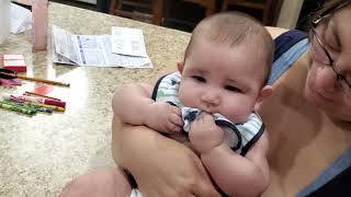 Ethan's first time eating rice cereal.