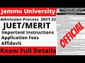 JUET/Jammu University Admission Process 2021-22 | Full Details| Important Instructions explained
