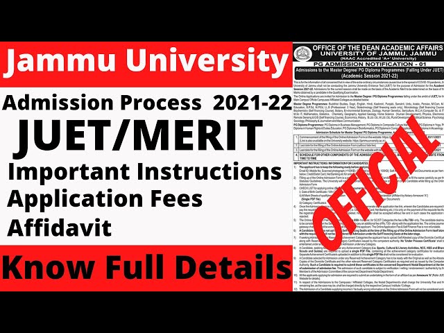 JUET/Jammu University Admission Process 2021-22 | Full Details| Important Instructions explained