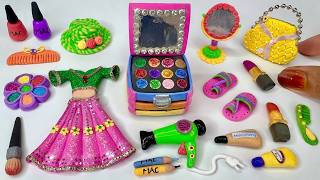 DIY How To Make Polymer Clay Miniature Makeup Set with Pink Dress,Eyeshadow, Shoes,Bag makeup kit