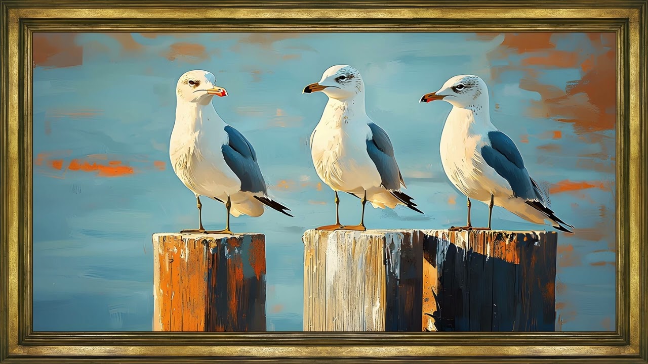 Seagulls on Wooden Posts – 4K Frame TV Art Screensaver | Coastal Nautical Wall Decor