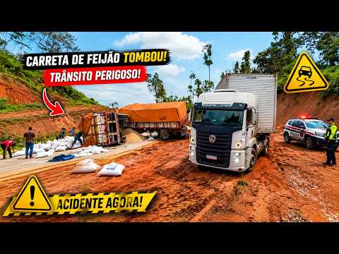A truck carrying beans overturned. Traffic became dangerous and drivers suffered injuries.
