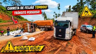 CARRETA DE FEIJÃO TOMBOU. Trânsito ficou perigoso e motoristas sofreram