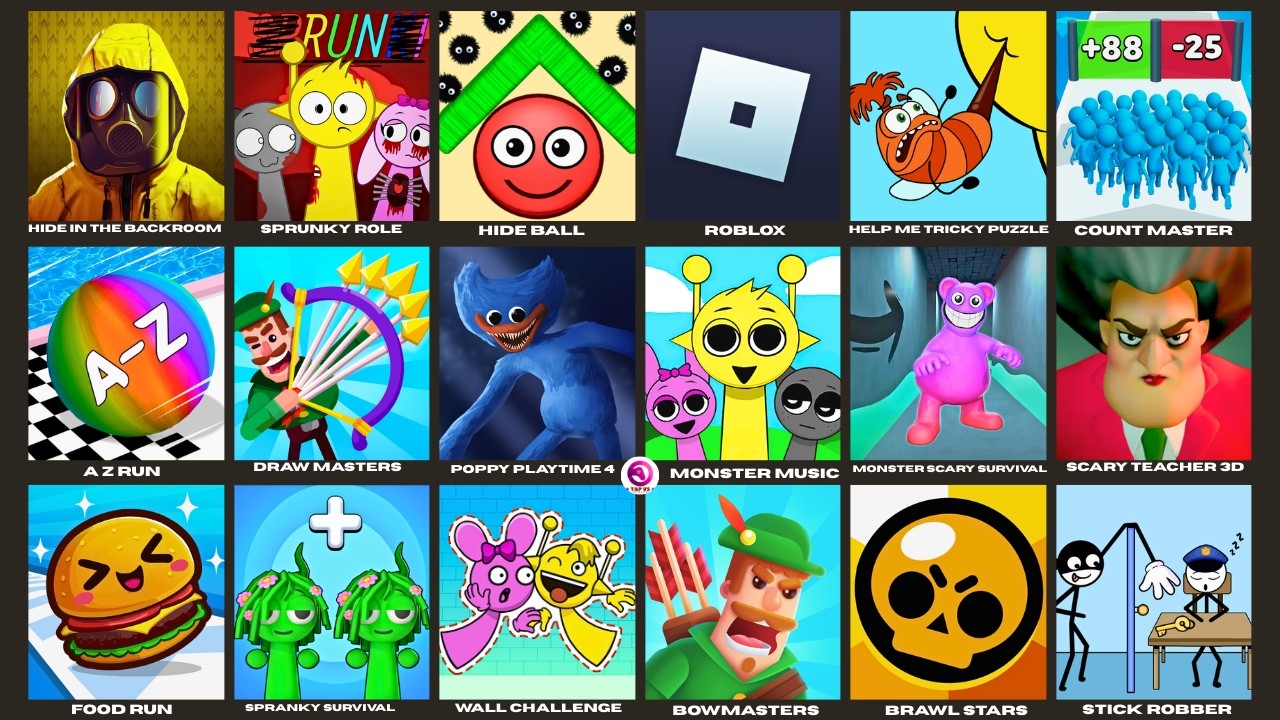 Roblox,Grimace Monster Scary Survival,Poppy Playtime 4,Help Me Tricky Puzzle,Save The Fish,A Z Run