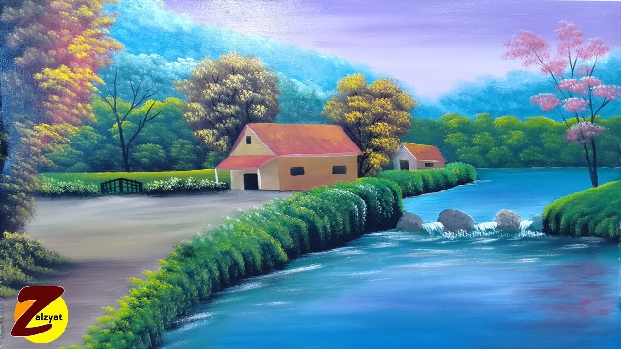 رسم منظر طبيعى 1 YouTube