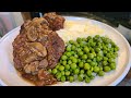 How to make Salisbury Steak with Onion Mushroom Gravy Mashed Potatoes and Green Peas