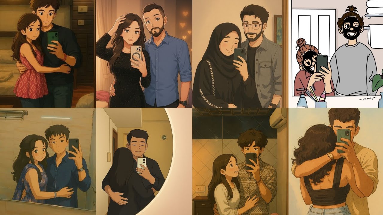 Couple Cartoon Mirror selfies ✨ idea's|| Cartoon Couple Mirror Asethic photos idea 