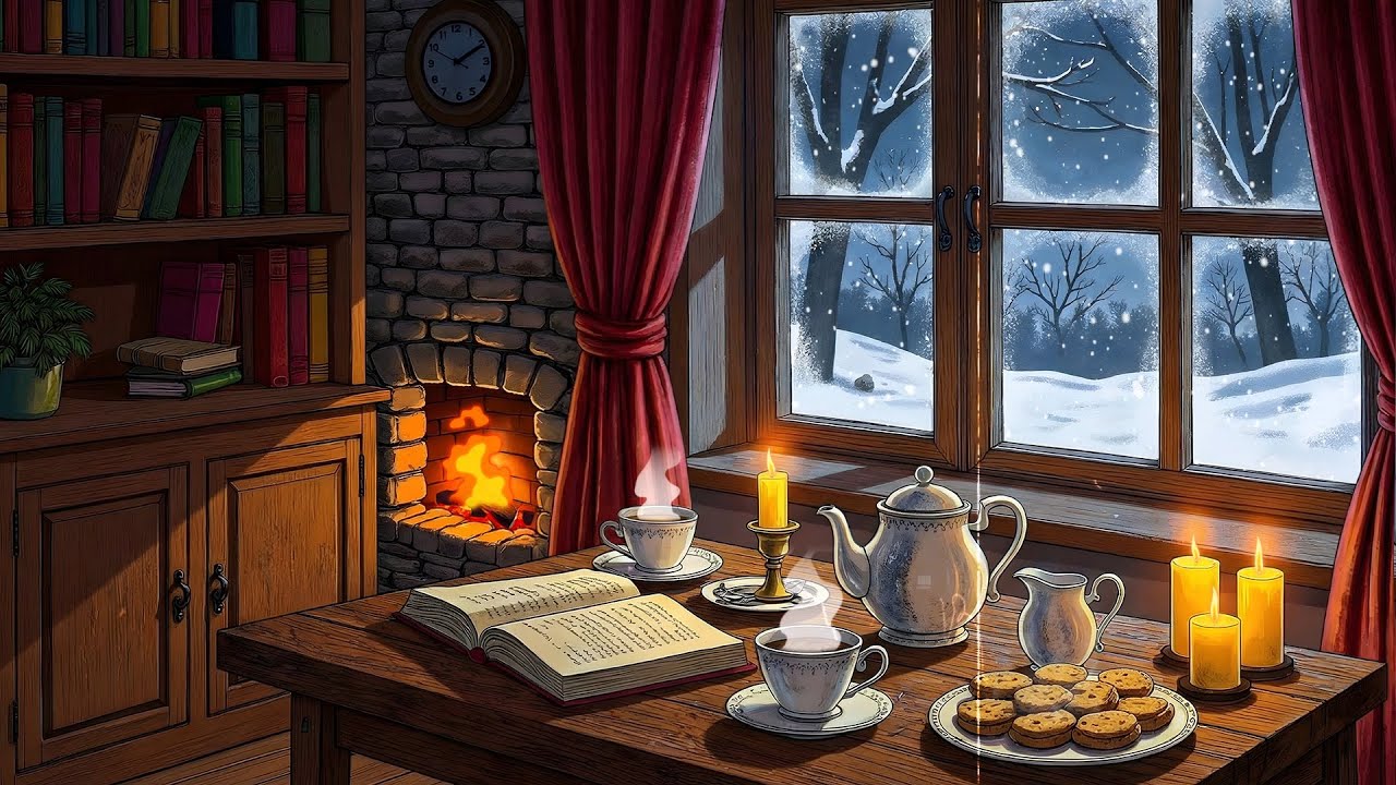 1930s cozy winter room with oldies playing in another room crackling fireplace & blizzard