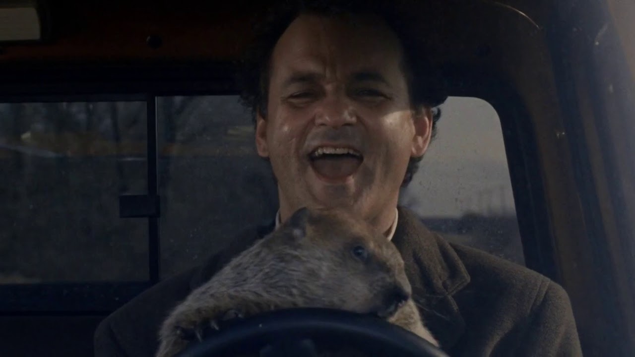 groundhog day car chase but with gas gas gas dubbed over it.