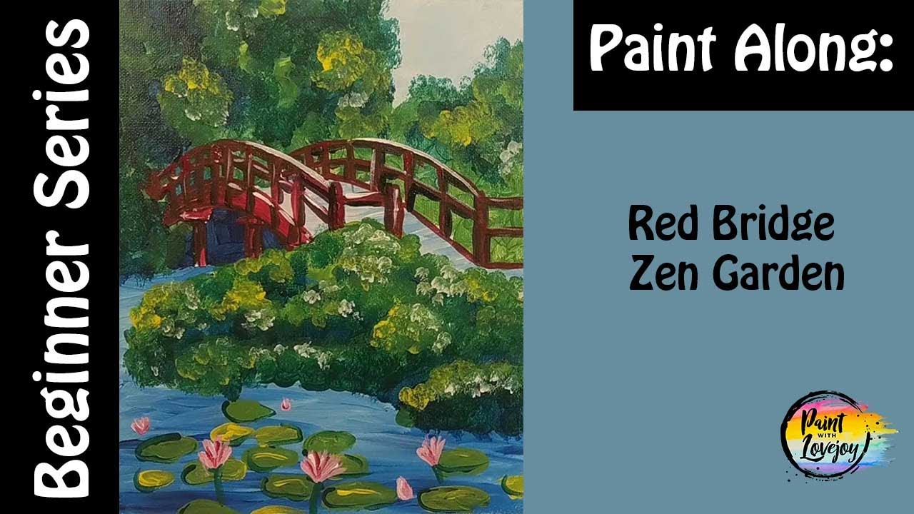 Easy Red Bridge Zen Garden step by step acrylic painting for Beginners