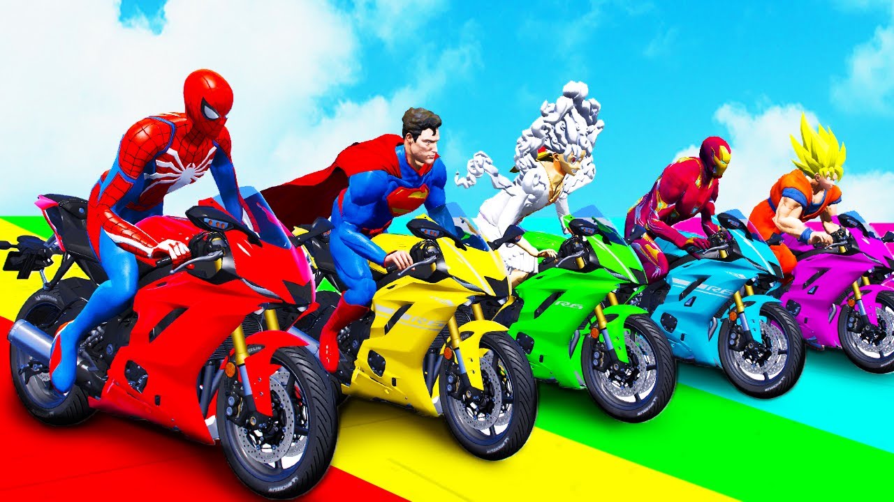 الأبطال الخارقين على القضبان دوامة قمع جسر 🚴‍♂️ SPIDER MAN!on Motorcycle in Spiral Bridge Stunt Rid