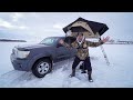 Winter Rooftop Tent Truck Ice Camping on a Frozen Lake!