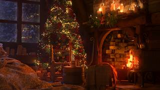 Cozy Christmas Cabin | Gentle Blowing Winds and Crackling Fireplace Sounds For Relaxation