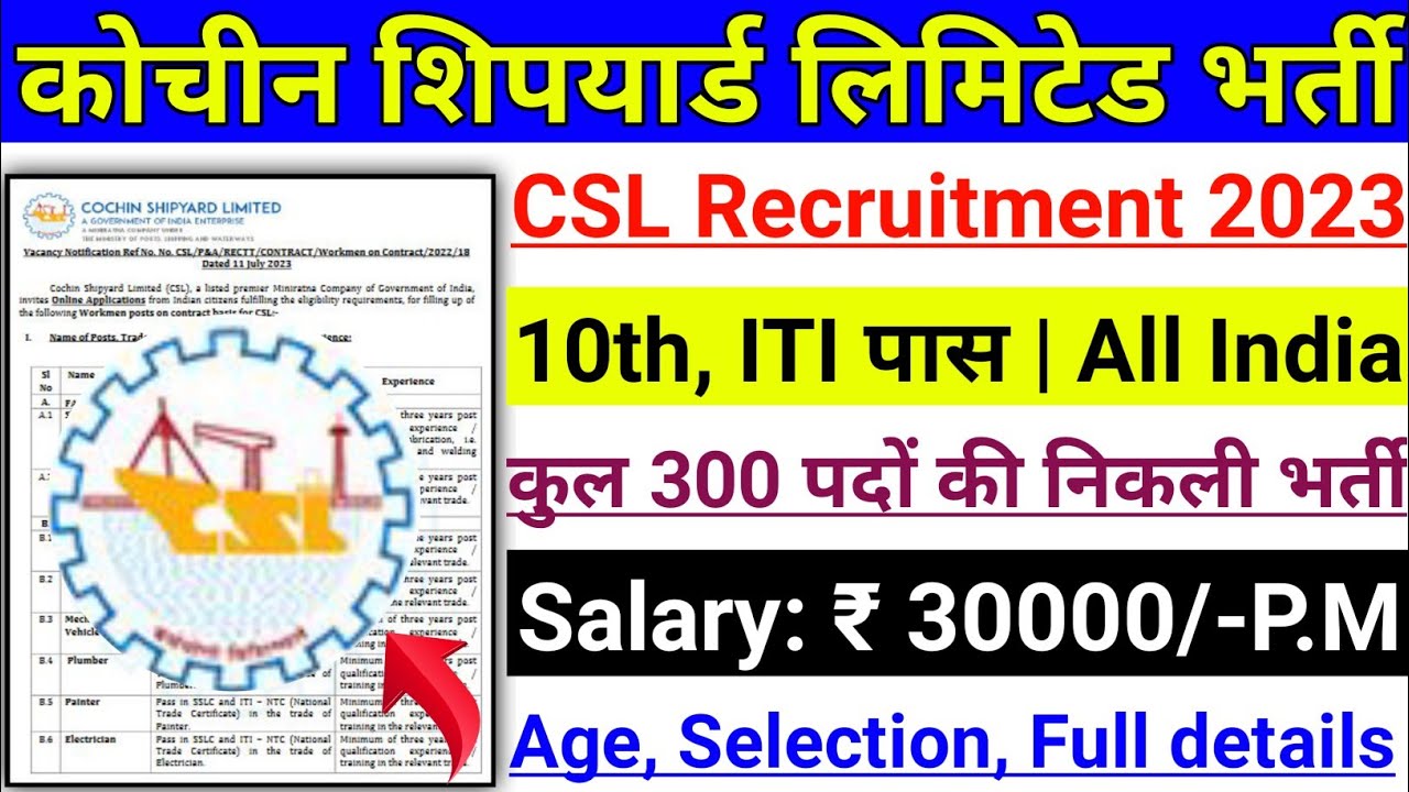 CSL Workmen Recruitment 2023 | CSL Vacancy 2023 | Cochin shipyard Limited भर्ती 2023 | CSL workmen