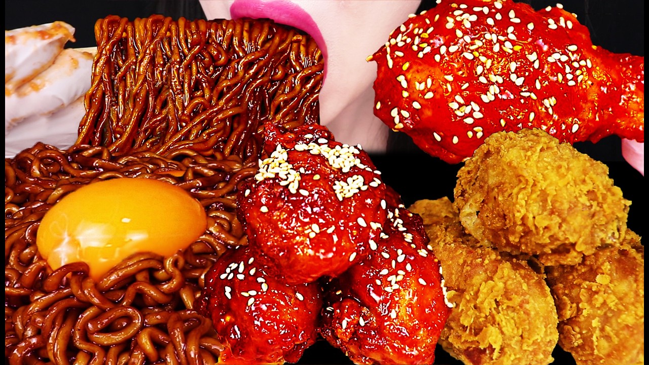 ASMR GIANT FRIED CHICKEN & BLACK BEAN NOODLES 황금올리브 양념치킨 짜파게티 먹방 Mukbang, Eating
